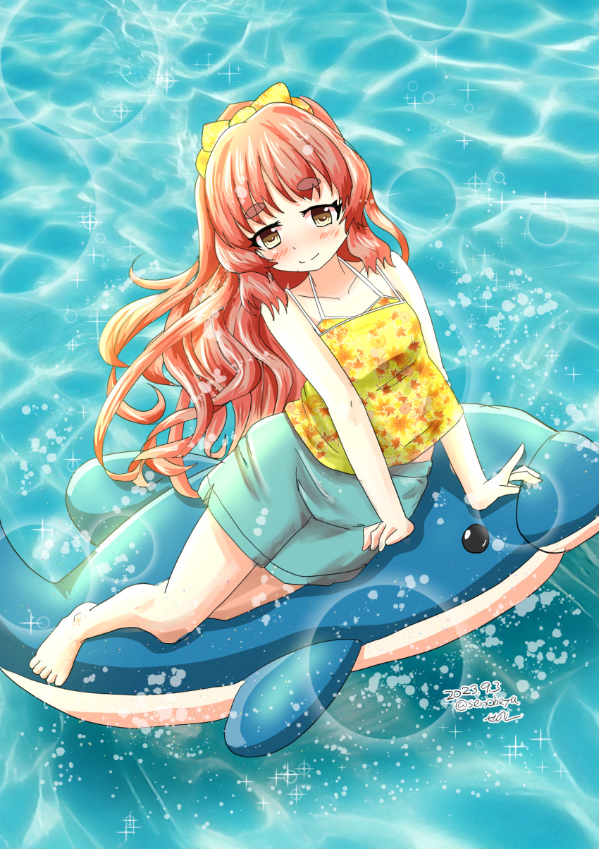 1girl barefoot blush breasts brown_eyes casual closed_mouth collarbone commentary_request dolphin full_body highres kantai_collection long_hair orange_hair senon shorts small_breasts smile solo thick_eyebrows water yashiro_(kancolle)