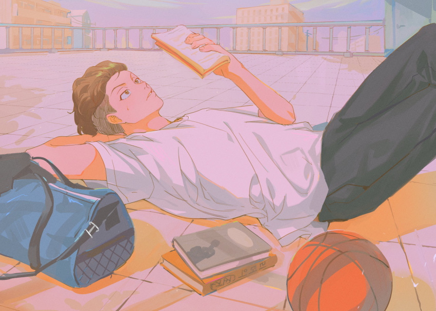 1boy arm_behind_head arm_pillow bag ball basketball_(object) bishounen black_pants book brown_eyes brown_hair duffel_bag feet_out_of_frame highres lying male_focus miyagi_ryouta on_back pants reading rooftop sebin_13 shirt slam_dunk_(series) solo sweatdrop undercut wavy_hair white_shirt