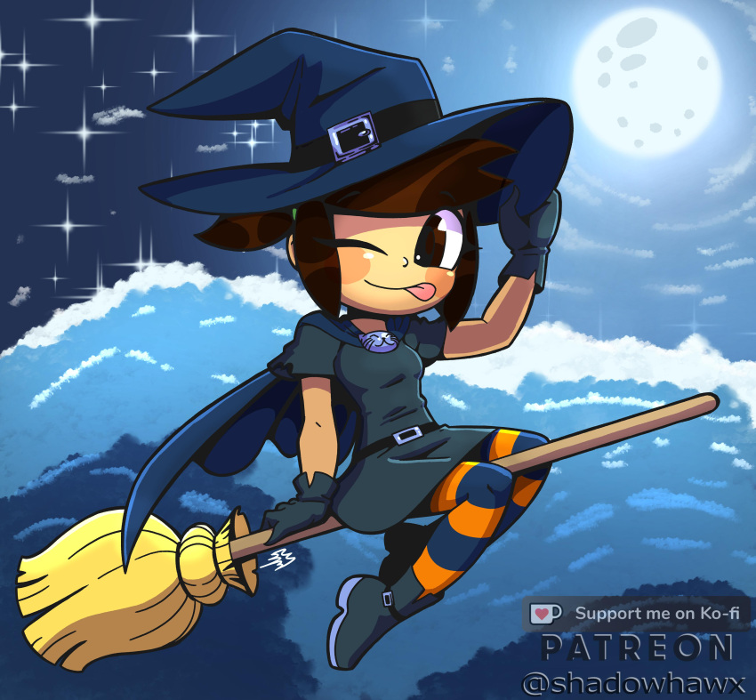 1girl ;p absurdres adjusting_clothes adjusting_headwear artist_name belt blue_cape blue_dress blue_footwear blue_gloves blue_headwear blue_pantyhose blush_stickers boots broom broom_riding brown_hair cape cat_brooch chibi commentary dress english_commentary full_body gloves hat hat_belt highres ko-fi_logo looking_at_viewer medium_hair moon night night_sky one_eye_closed orange_pantyhose original pantyhose ponytail shadowhawx sidelocks sky solo star_(sky) starry_sky striped striped_pantyhose tongue tongue_out witch witch_hat