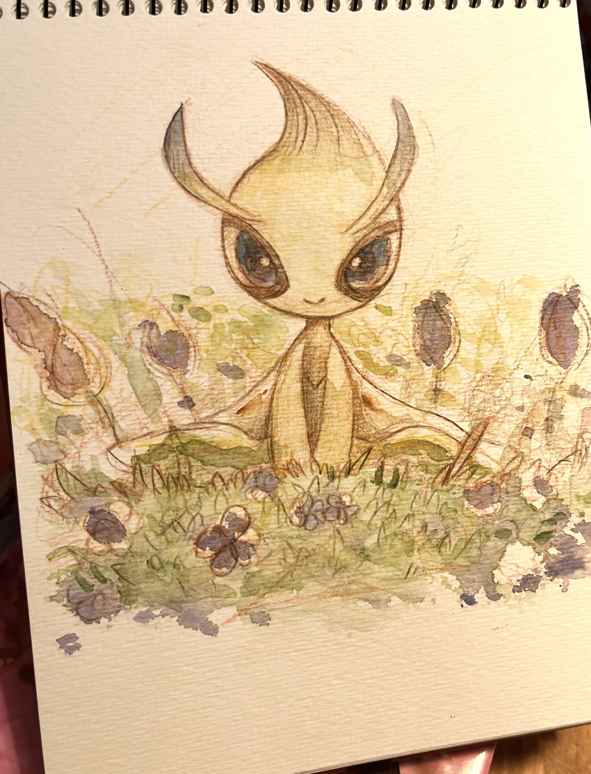 1other absurdres antennae blue_eyes blue_flower celebi closed_mouth colored_skin commentary_request flower full_body grass green_skin happy highres looking_at_viewer multicolored_skin on_ground other_focus own_hands_together painting_(medium) partial_commentary photo_(medium) pokemon pokemon_(creature) sitting smile solo straight-on tensaitou_tou traditional_media two-tone_skin v_arms wariza watercolor_(medium)