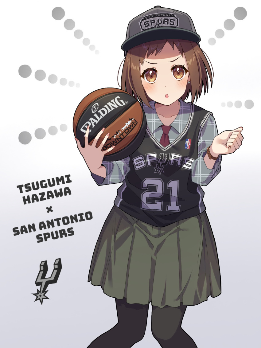 1girl :o ball bang_dream! baseball_cap basketball basketball_jersey black_headwear black_pantyhose blush brown_eyes brown_hair character_name clenched_hand collared_shirt copyright_name green_skirt grey_shirt hat hazawa_tsugumi highres holding holding_ball national_basketball_association necktie pantyhose red_necktie san_antonio_spurs shirt short_bangs skirt solo spalding v-shaped_eyebrows yazawa_happyaro