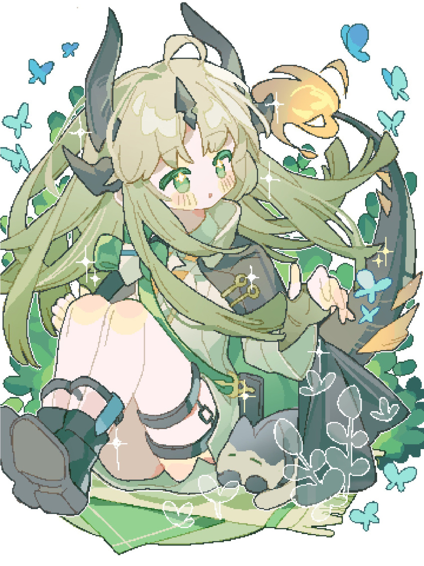 1girl :o ankle_boots arknights ass black_cloak black_footwear blue_butterfly blush boots bug butterfly cloak dragon_horns dragon_tail dress fingerless_gloves fire flower-shaped_pupils gloves green_dress green_eyes green_gloves green_hair green_theme highres horns knees_up long_hair looking_to_the_side pixelated plant reed_(arknights) reed_(emerald_holiday)_(arknights) saucer_(saucer752) simple_background sitting solo symbol-shaped_pupils tail thigh_strap towel very_long_hair white_background