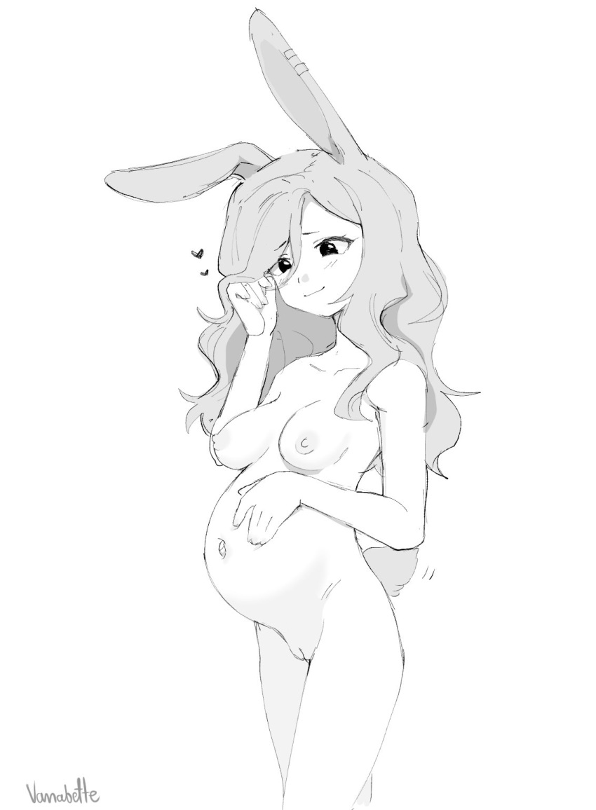 1girl animal_ears belly breasts commentary commission commissioner_upload completely_nude cowboy_shot earrings english_commentary hair_lift hand_in_own_hair hand_on_own_stomach heart highres jarael_(rayer) jewelry light_smile monochrome motherly navel nude original outie_navel pregnant rabbit_ears rabbit_girl rabbit_tail sketch spread_navel tail tail_wagging thighs vanabette