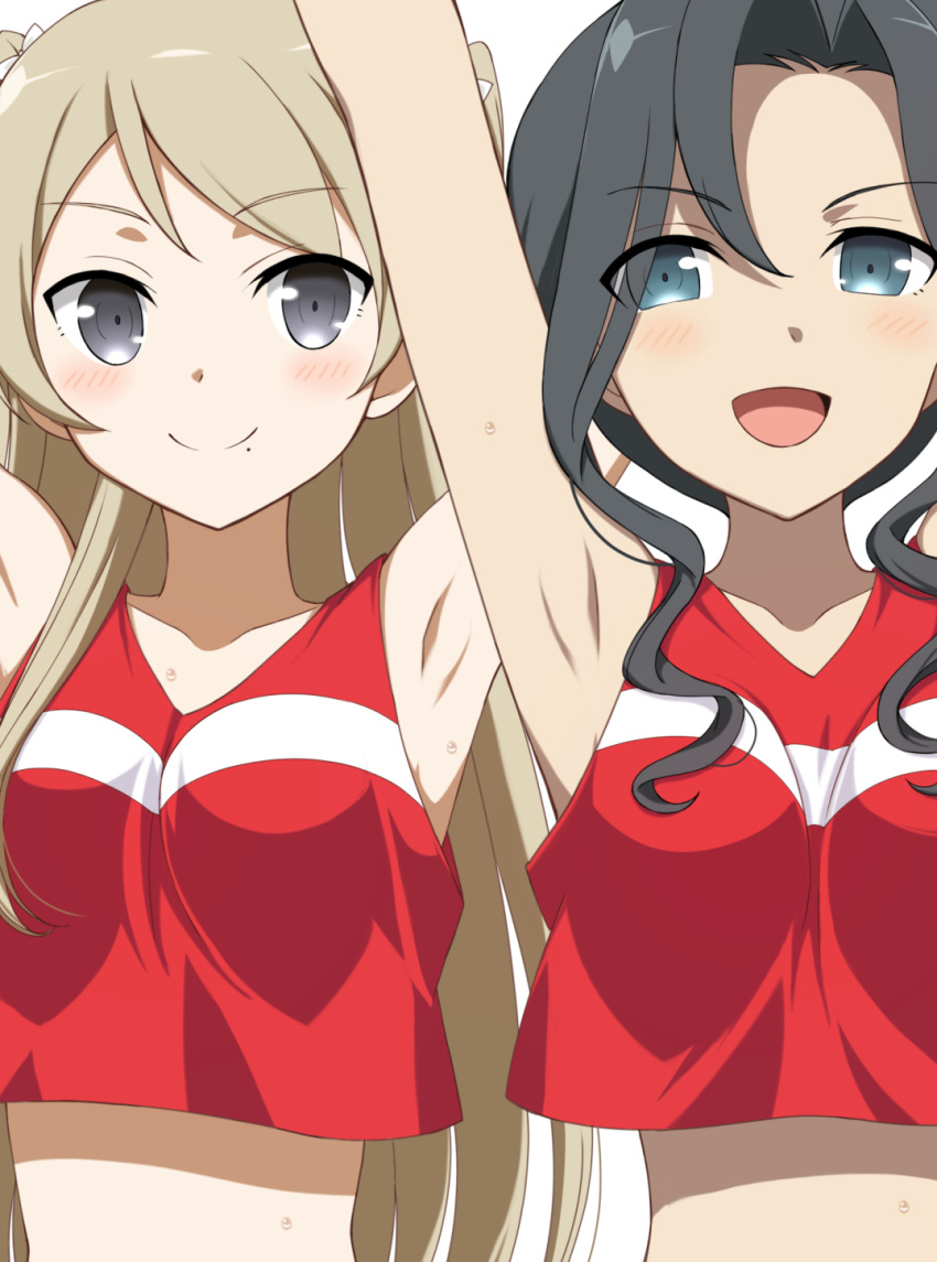 2girls :d armpits arms_up black_hair blonde_hair blue_eyes breasts cheerleader grey_eyes highres kusunoki_mebuki_wa_yuusha_de_aru long_hair medium_breasts midriff miroku_renge miroku_yumiko mole mole_under_eye multiple_girls smile user_tmwx3385 yuuki_yuuna_wa_yuusha_de_aru:_hanayui_no_kirameki yuusha_de_aru