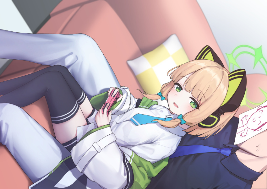 1boy 1girl absurdres animal_ear_headphones animal_ears arona's_sensei_doodle_(blue_archive) black_thighhighs blonde_hair blue_archive blue_bow blue_necktie blush bow collared_shirt controller couch fake_animal_ears game_controller green_eyes green_halo hair_bow halo headphones highres holding holding_controller holding_game_controller indoors jacket long_sleeves looking_at_viewer midori_(blue_archive) miramu_(ramu450471) necktie open_mouth pants playing_games sensei_(blue_archive) shirt short_hair sitting sitting_between_lap smile thighhighs white_jacket white_pants white_shirt wide_sleeves