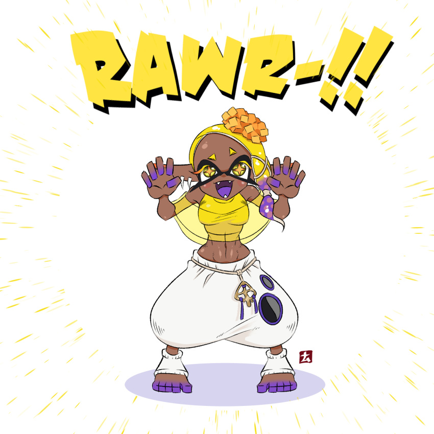 1girl :d asymmetrical_hair blonde_hair blush breasts claw_pose colored_skin colored_tongue commentary_request crop_top dark-skinned_female dark_skin earrings eyelashes fangs food-themed_hair_ornament forehead frye_(splatoon) full_body gao gradient_hair hair_ornament hands_up harem_pants highres jewelry looking_at_viewer medium_breasts medium_hair midriff multicolored_hair multicolored_skin multiple_earrings namuro navel open_mouth pants pointy_ears purple_hair purple_skin purple_tongue shawl shirt simple_background sleeveless sleeveless_shirt sleeveless_turtleneck smile socks solo splatoon_(series) splatoon_3 standing star-shaped_pupils star_(symbol) stomach symbol-shaped_pupils tentacle_hair toeless_legwear toes turtleneck white_background white_pants white_socks yellow_eyes yellow_shawl yellow_shirt