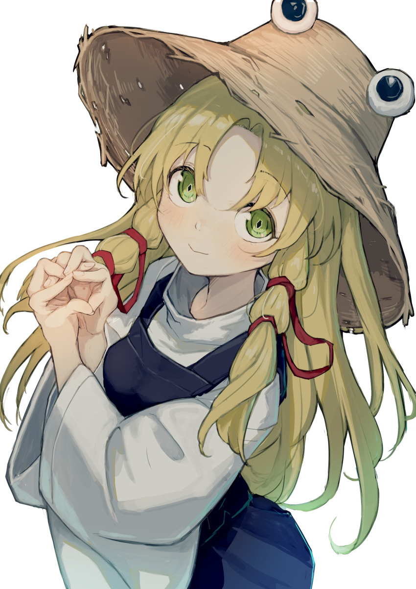 1girl blonde_hair blush bouhuman brown_headwear closed_mouth commentary green_eyes highres long_hair long_sleeves looking_at_viewer moriya_suwako own_hands_together parted_bangs sidelocks simple_background smile solo touhou white_background wide_sleeves