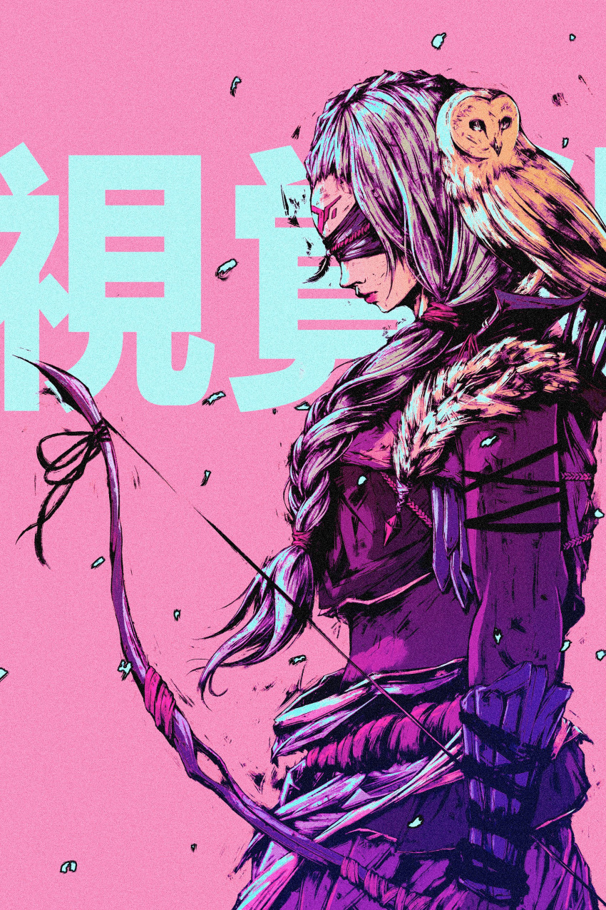 1girl absurdres akramness animal_on_shoulder bird blindfold bow_(weapon) braid commentary from_side highres holding holding_bow_(weapon) holding_weapon long_hair low-tied_long_hair multi-tied_hair original owl pink_background simple_background solo weapon white_fur white_hair