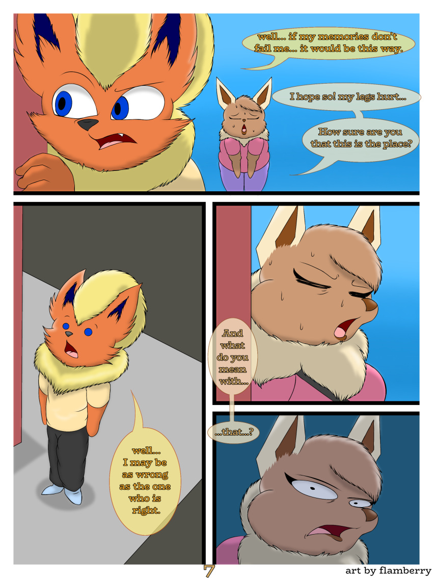 3:4 absurd_res anthro blue_eyes bodily_fluids brown_body brown_eyes brown_fur canid canine clothed clothing comic digital_drawing_(artwork) digital_media_(artwork) eevee eeveelution elizabeth_venizee english_text female flamberry_(artist) flareon franklin_flare fur generation_1_pokemon hair hi_res looking_at_viewer male mammal nintendo number open_mouth orange_body orange_fur pokemon pokemon_(species) simple_background speech_bubble sweat tail tan_body tan_fur text