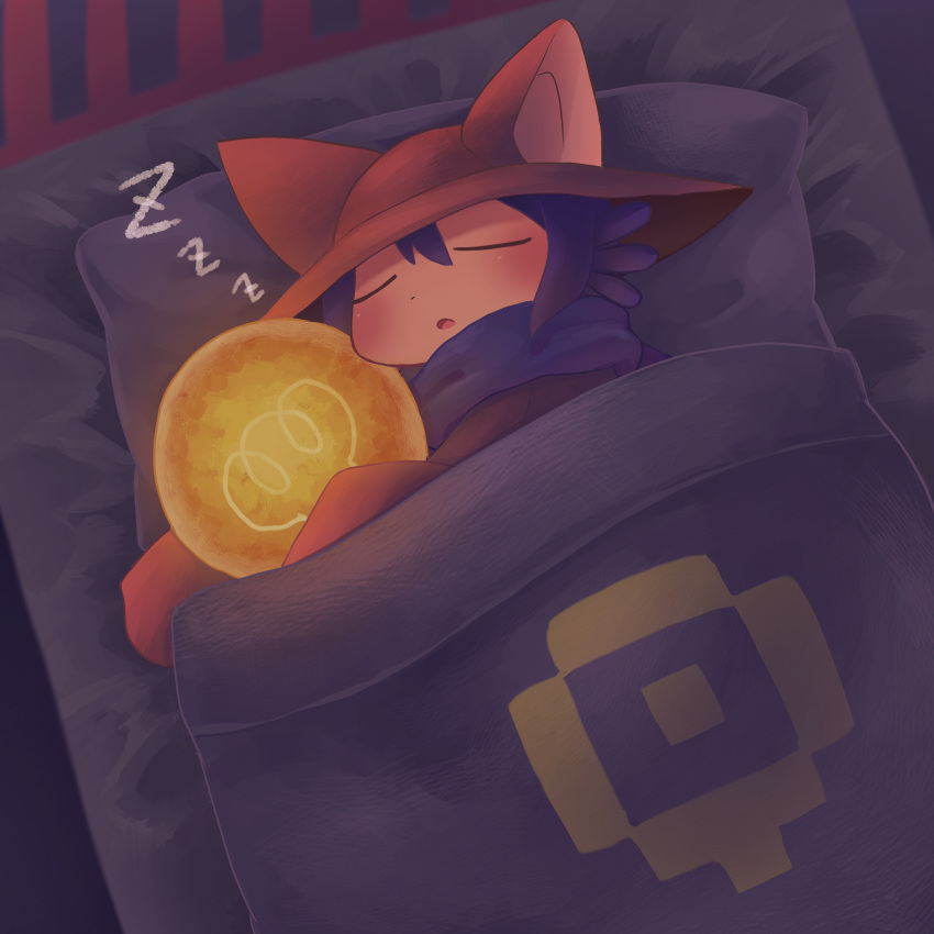 1other animal_ears animal_hat bed bed_sheet blue_hair blue_scarf blush brown_headwear brown_tunic cat_ears cat_hat haippp hat highres light_bulb long_sleeves niko_(oneshot) on_bed oneshot_(game) pillow scarf sleeping zzz