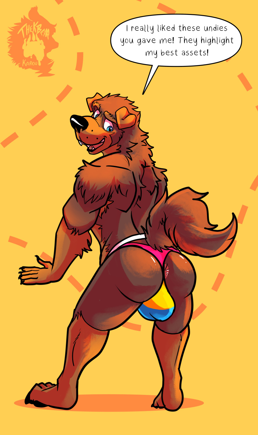 absurd_res anthro butt clothed clothing english_text hi_res lgbt_pride male male_anthro pose presenting presenting_hindquarters pride_color_clothing pride_colors speech_bubble text thekinkybear underwear underwear_only