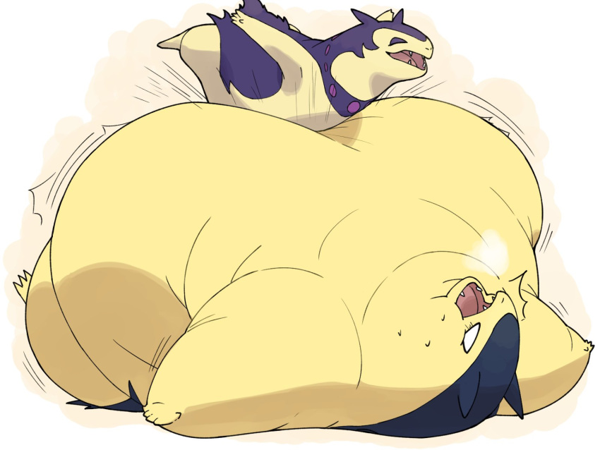 ambiguous/ambiguous ambiguous_gender belly big_belly bodily_fluids duo feral feral_on_feral generation_2_pokemon hi_res hisuian_form hisuian_typhlosion lying morbidly_obese morbidly_obese_feral motion_lines nintendo obese obese_feral on_back open_mouth overweight overweight_feral pokemon pokemon_(species) regional_form_(pokemon) simple_background smile sweat sweatdrop typhlosion weight_gain white_background zephy_03
