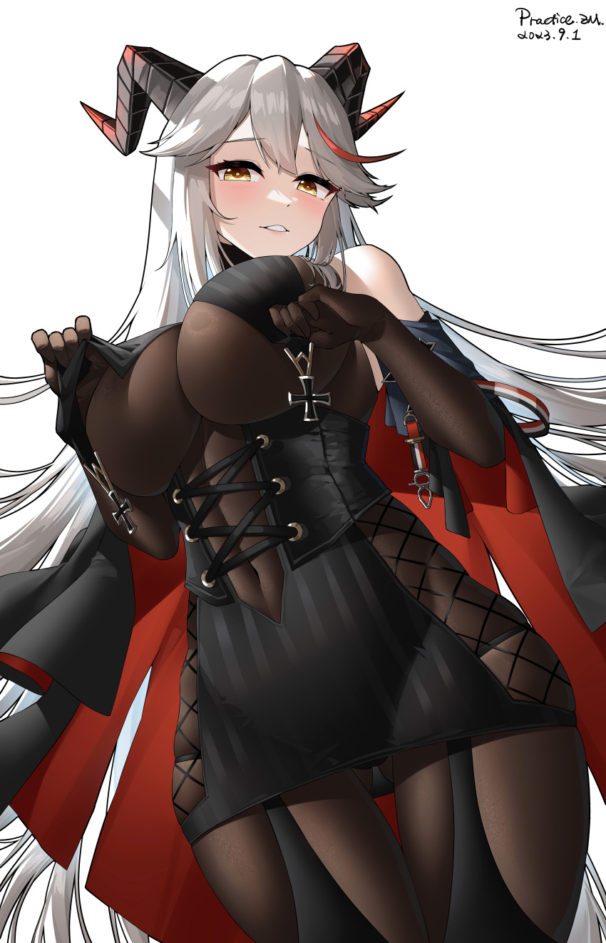 1girl absurdres aegir_(azur_lane) artist_name ass_visible_through_thighs azur_lane bare_shoulders black_gloves black_skirt blush bodystocking breasts coat corset covered_navel cowboy_shot cross curtains dated elbow_gloves garter_straps gloves grey_hair high-waist_skirt highres horns impossible_clothes iron_cross jfzm001 large_breasts looking_at_viewer multicolored_hair open_clothes open_coat parted_lips red_coat red_hair simple_background skirt solo streaked_hair thigh_gap two-tone_hair white_background yellow_eyes