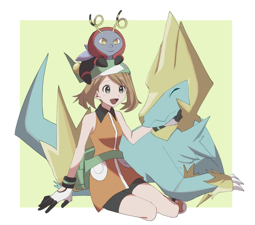 1girl :d bandana bike_shorts blush brown_hair collared_dress commentary_request dress eyelashes fanny_pack gloves green_bag green_bandana grey_eyes highres kotan_(cho_mateyo) manectric may_(pokemon) on_head open_mouth orange_dress orange_footwear pokemon pokemon_(creature) pokemon_(game) pokemon_emerald pokemon_on_head pokemon_rse shoes sleeveless sleeveless_dress smile volbeat white_gloves