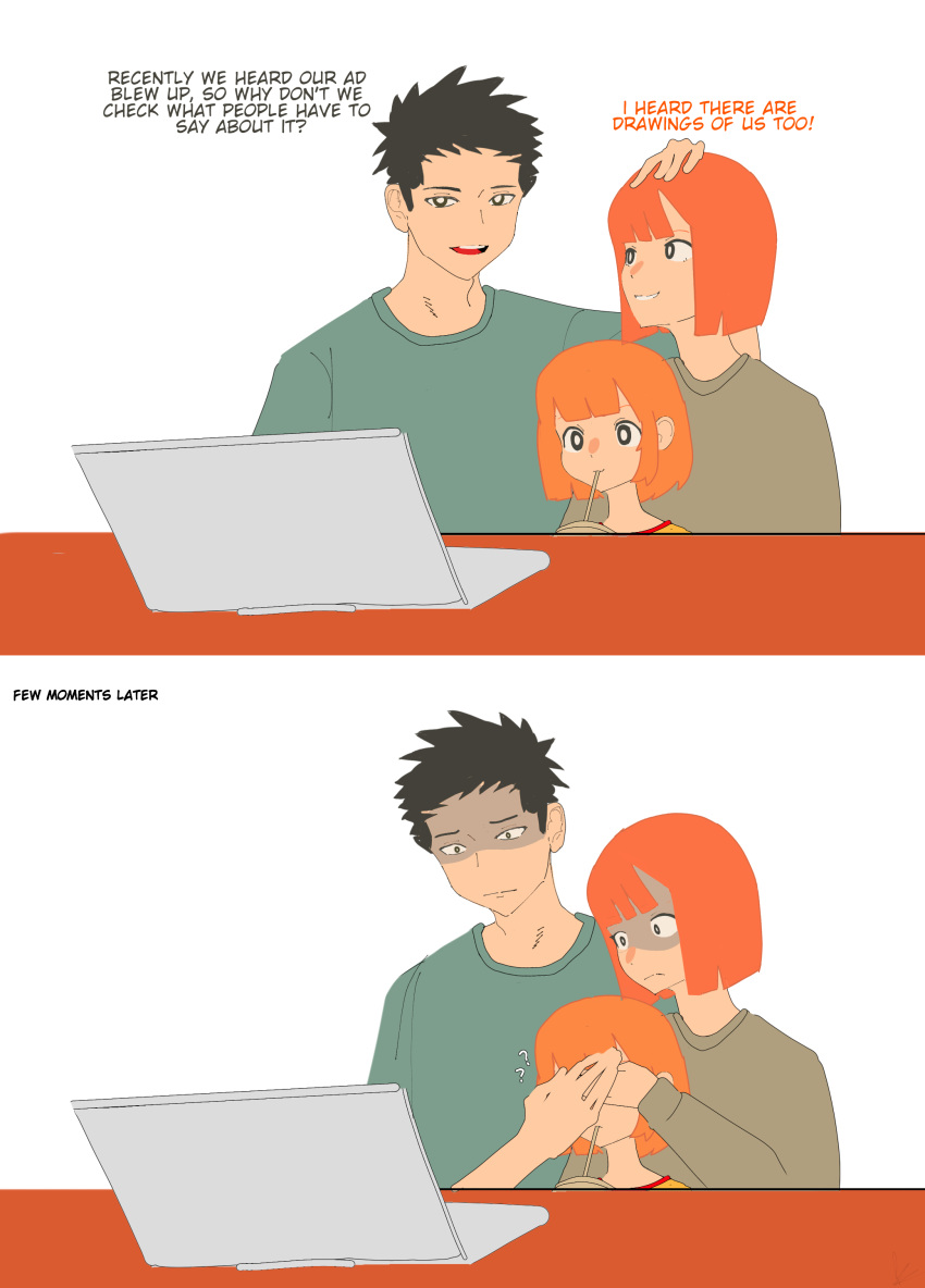 1boy 2girls ? ?? absurdres against_table bob_cut covering_another's_eyes daughter_(yoru_mac) family family_portrait fast_food father_(yoru_mac) happy_meal highres husband_and_wife mcdonald's mother_(yoru_mac) mother_and_daughter multiple_girls orange_hair yoru_mac