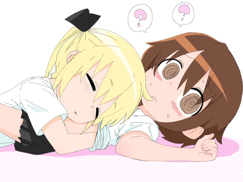 2girls ? blonde_hair blush brown_eyes brown_hair closed_eyes fusuma_(suwaru_boom) hand_under_clothes hand_under_shirt highres kill_me_baby long_hair lying_on_person multiple_girls oribe_yasuna school_uniform shirt short_hair sleeping sonya_(kill_me_baby) sweat twintails white_background yuri