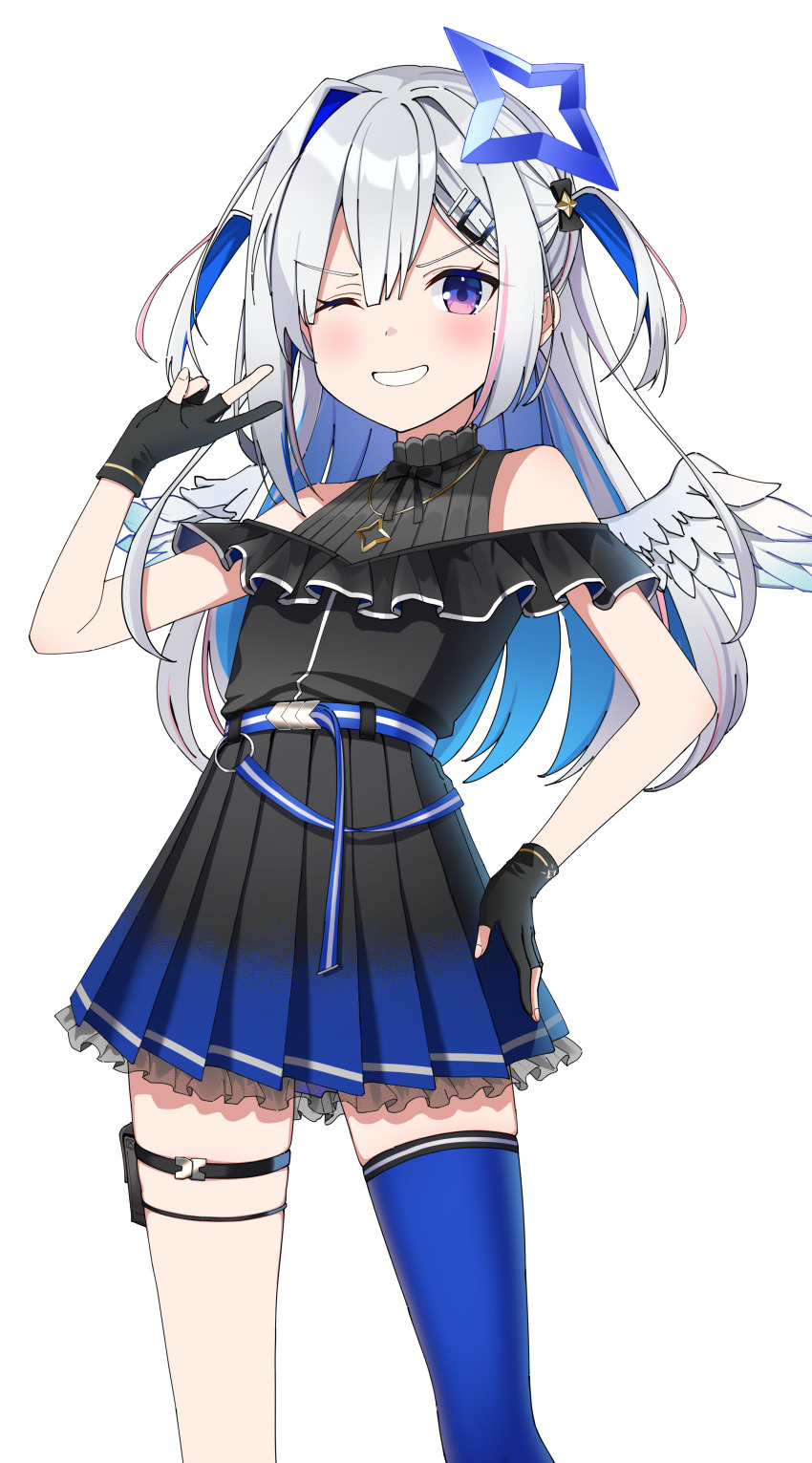 1girl absurdres amane_kanata amane_kanata_(3rd_costume) asymmetrical_bangs belt black_dress black_gloves blue_belt blue_dress blue_hair blush colored_inner_hair cowboy_shot double_v dress fang gloves gradient_dress grey_hair hair_ornament hair_over_one_eye hairclip highres hololive jacket jewelry long_hair long_sleeves looking_at_viewer momip multicolored_hair necklace official_alternate_hair_length official_alternate_hairstyle open_mouth pantyhose pantyhose_around_one_leg partially_fingerless_gloves pleated_dress puffy_long_sleeves puffy_sleeves simple_background single_hair_intake skin_fang smile solo star_(symbol) star_necklace two_side_up v virtual_youtuber white_background white_jacket