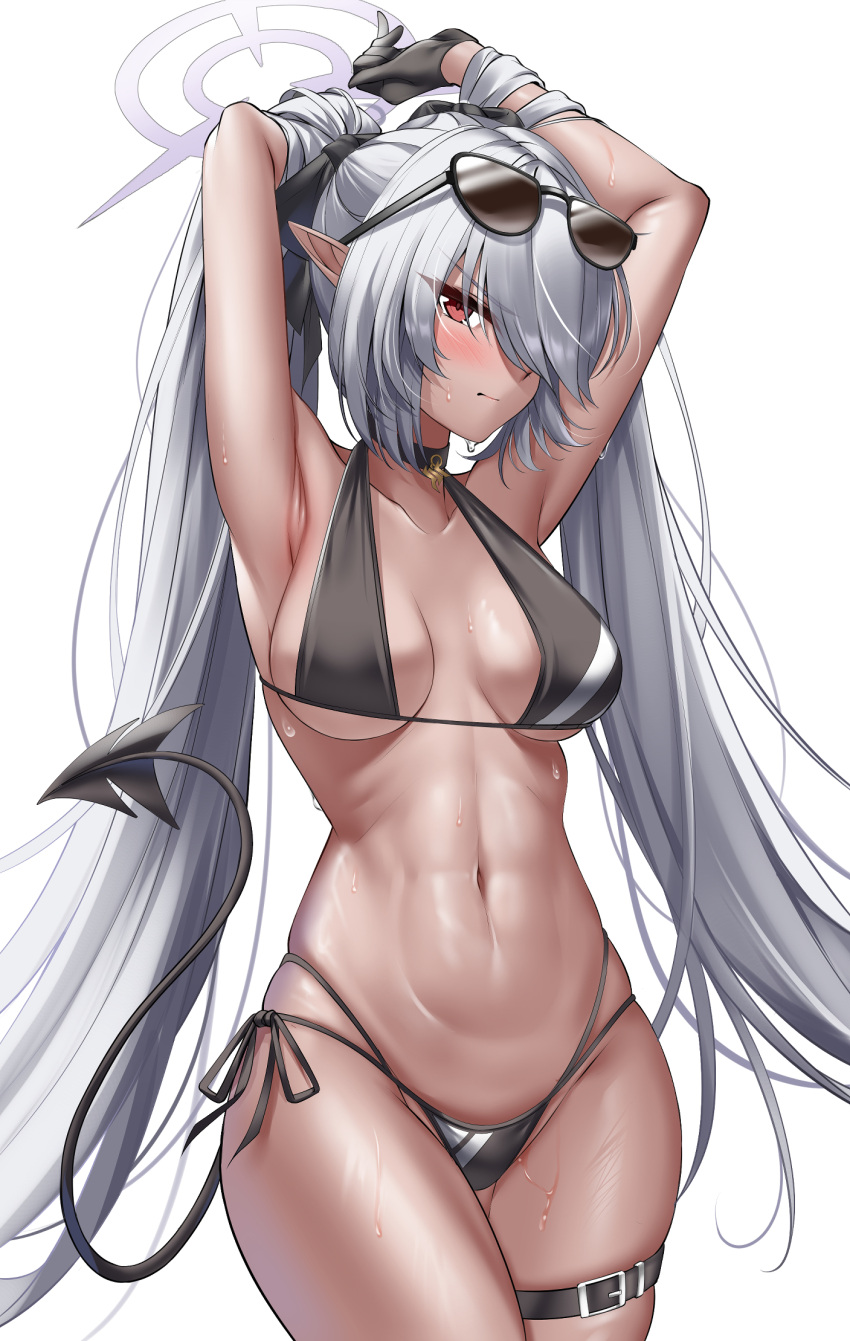 1girl armpits arms_up bikini black_bikini blue_archive breasts closed_mouth cowboy_shot dark-skinned_female dark_skin demon_tail elze_(s01047480836) eyewear_on_head grey_hair hair_over_one_eye halo highres iori_(blue_archive) iori_(swimsuit)_(blue_archive) long_hair medium_breasts navel red_eyes simple_background skindentation solo stomach sunglasses swimsuit tail thigh_gap very_long_hair wet white_background