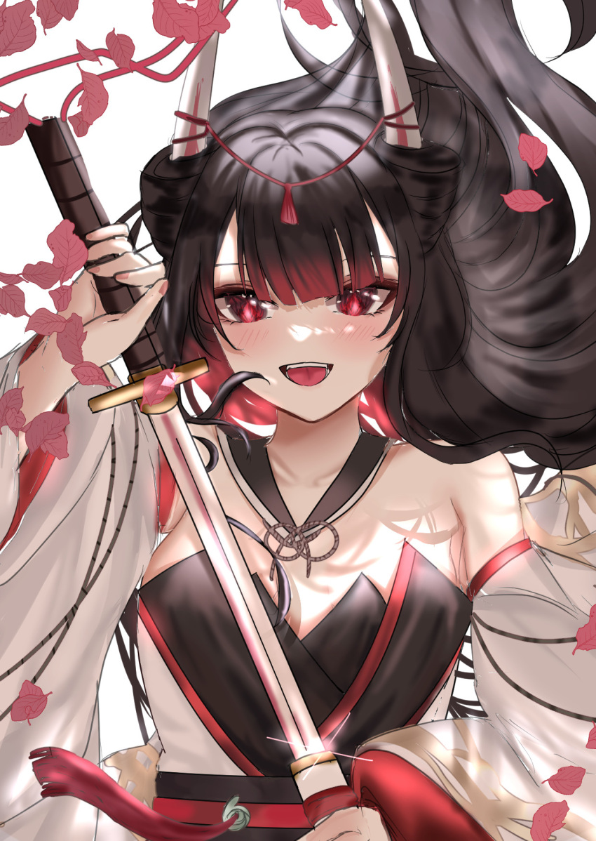 1girl azur_lane bare_shoulders black_hair black_haori black_sailor_collar colored_inner_hair dismaer excited falling_leaves gradient_hair grey_horns hair_between_eyes hatsuzuki_(azur_lane) highres holding holding_sword holding_weapon horn_ornament horns leaf lens_flare light_blush long_hair looking_at_viewer multicolored_hair red_eyes red_nails red_tassel red_trim sailor_collar solo sweatdrop sword weapon white_sleeves