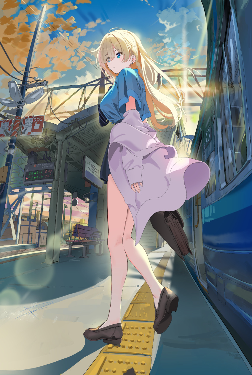 1girl bare_legs blonde_hair blue_eyes blue_shirt braid breasts brown_footwear closed_mouth earrings evening fisheye from_below full_body highres hood hoodie jewelry lens_flare long_hair medium_breasts miniskirt morning necktie open_clothes open_hoodie original poligon_(046) shirt shirt_tucked_in short_sleeves side_braid skirt sky solo sunlight tented_shirt train train_station uniform