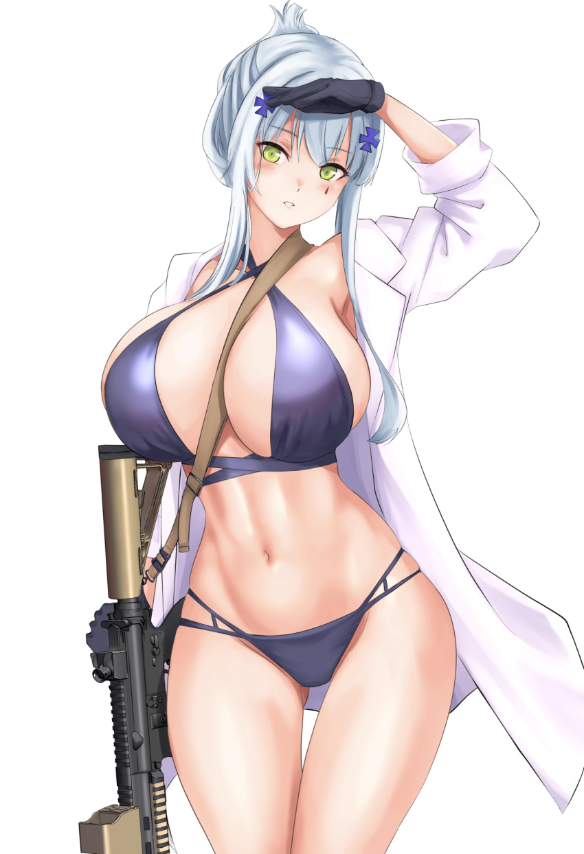 1girl assault_rifle bikini breasts clukay_(neural_cloud) cyka girls'_frontline girls'_frontline_neural_cloud green_eyes gun h&amp;k_hk416 hair_ornament highres hk416_(girls'_frontline) huge_breasts navel ponytail rifle shirt simple_background swimsuit teardrop_facial_mark weapon white_background white_shirt