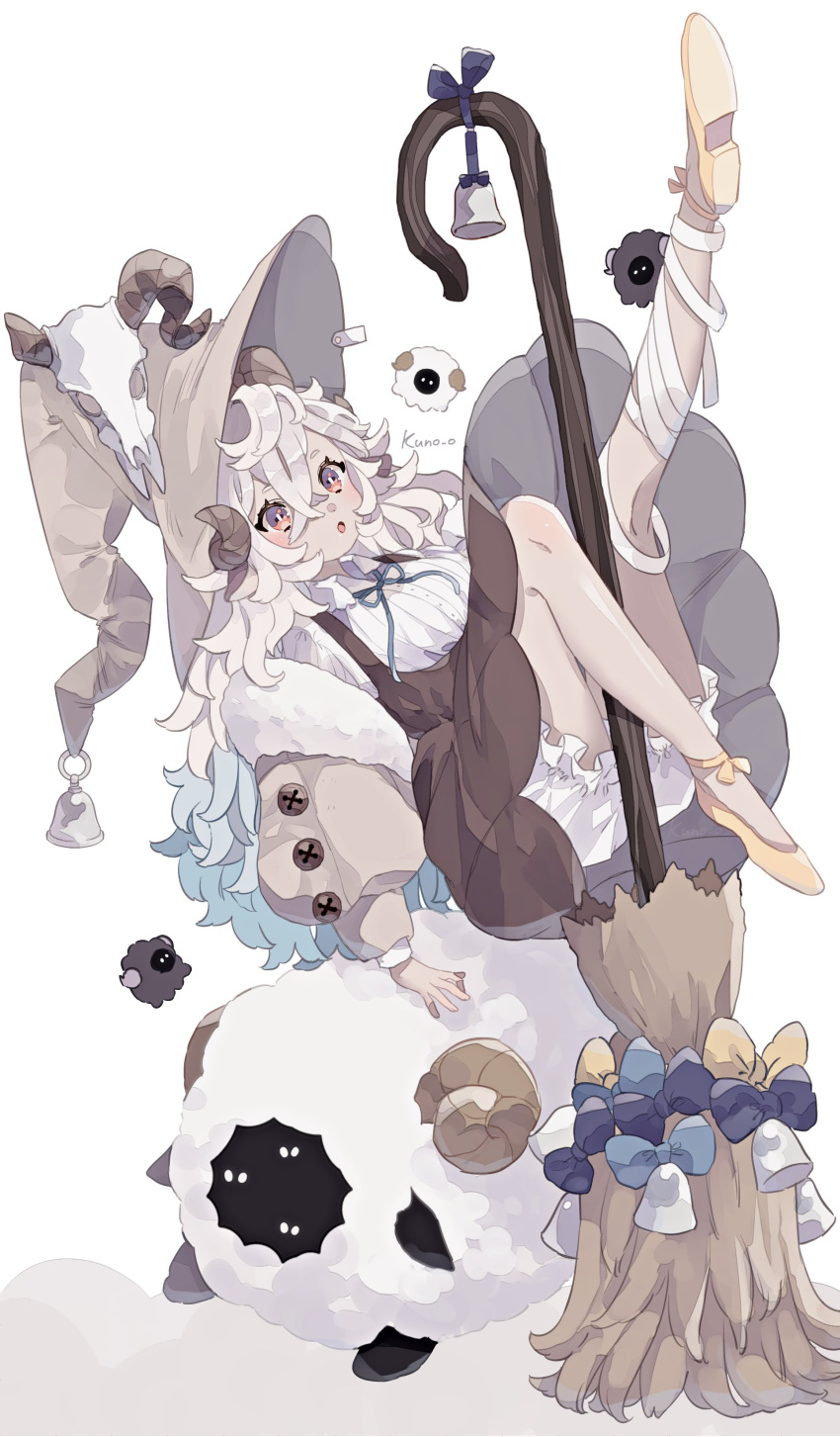 1girl absurdres artist_name blue_hair broom broom_riding brown_dress brown_headwear dress hat highres horns jikuno long_hair multicolored_hair original shorts simple_background solo wavy_hair white_background white_hair white_shorts witch_hat yellow_footwear