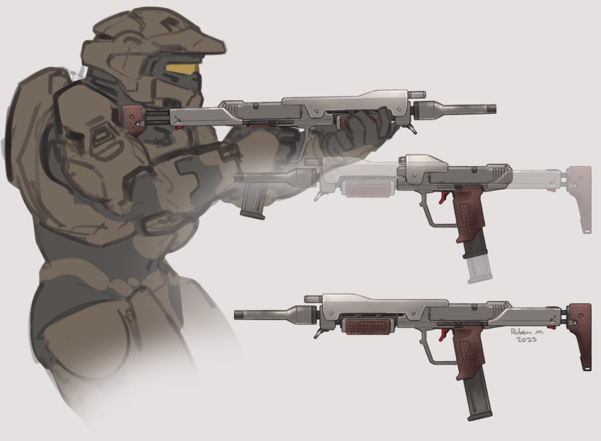 1boy 2023 artist_name assault_visor english_commentary grey_background gun halo_(series) highres holding holding_gun holding_weapon m6d male_focus power_armor redesign ruben_menzel science_fiction sketch spartan_(halo) submachine_gun weapon