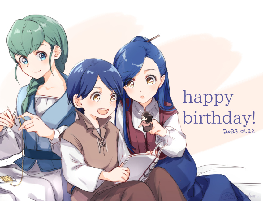 1boy 2girls :o artist_name blue_hair blue_skirt braid child dated finger_puppet green_hair hair_ornament hair_stick happy_birthday highres honzuki_no_gekokujou long_hair long_sleeves maine_(honzuki_no_gekokujou) multiple_girls puppet san+ sewing simple_background sitting skirt smile tuuli_(honzuki_no_gekokujou) white_skirt