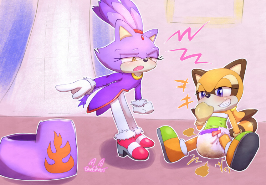 blaze_the_cat bodily_fluids clothed clothing diaper diaper_fetish diaper_use duo feces female female/female genital_fluids marine_the_raccoon messy messy_diaper omorashi onechan peeing pooping potty scat sega sitting soiling sonic_the_hedgehog_(series) urine wearing_diaper wet_diaper wetting wetting_diaper