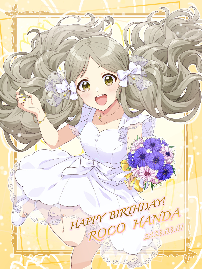1girl 2023 absurdres blush bouquet bow bracelet breasts buttons character_name collarbone cornflower dot_nose dress flower grey_hair hair_bow handa_roco happy_birthday highres holding holding_bouquet idolmaster idolmaster_million_live! idolmaster_million_live!_theater_days jewelry jumping long_hair looking_at_viewer manicure nail_polish open_mouth pendant see-through see-through_sleeves shiro_(ongrokm) short_sleeves small_breasts smile solo teeth twintails upper_teeth_only very_long_hair white_dress white_footwear yellow_eyes yellow_nails