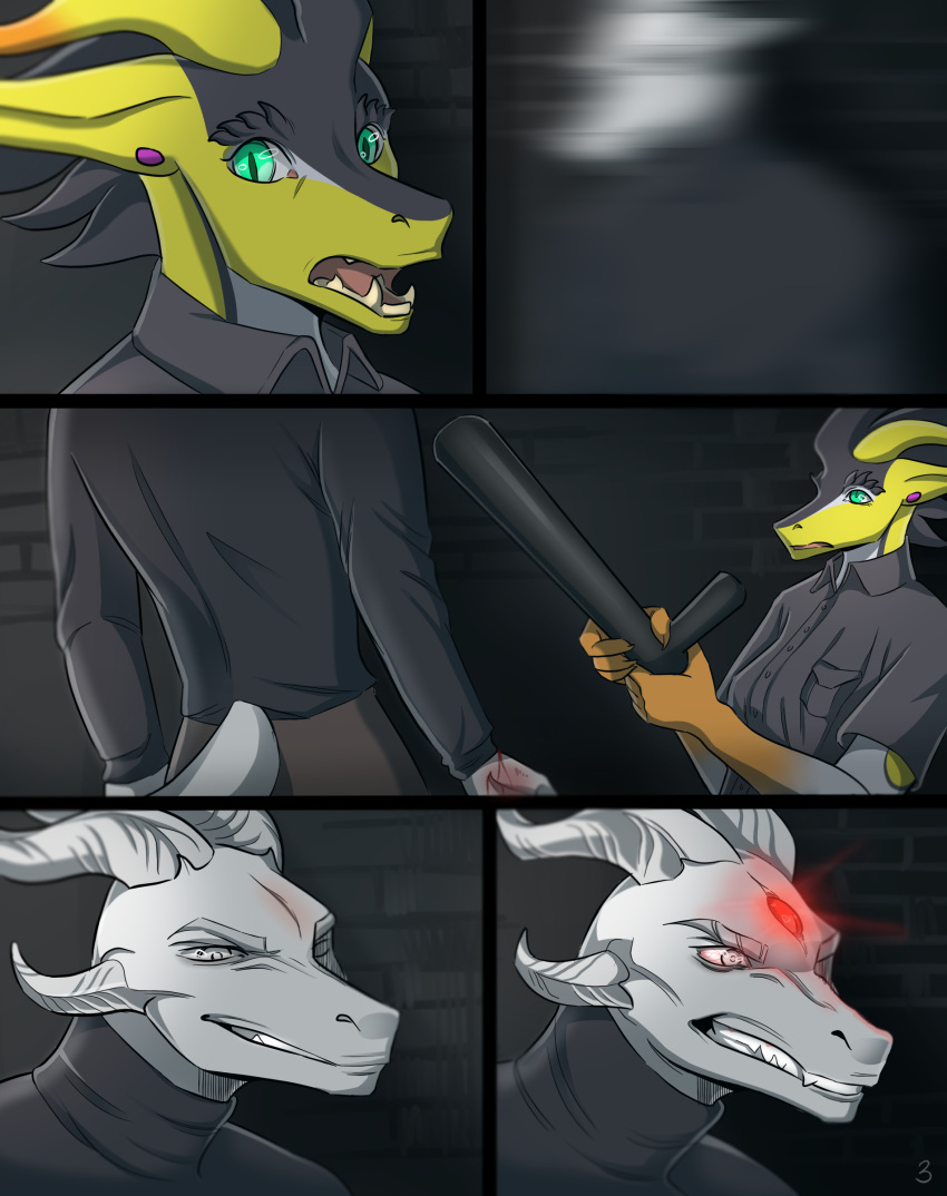 3_eyes absurd_res angry anthro bloody_d blurred_character blurred_vision clenched_teeth clothed clothing comic dragon duo ear_piercing eye_contact female fully_clothed glowing glowing_eyes green_eyes grey_eyes grey_horn grin hi_res holding_object holding_weapon horn kobold looking_at_another male multi_eye open_mouth piercing police_baton red_eyes saren_(saren662) scared security security_guard shocked smile teeth tidko weapon white_body yellow_body