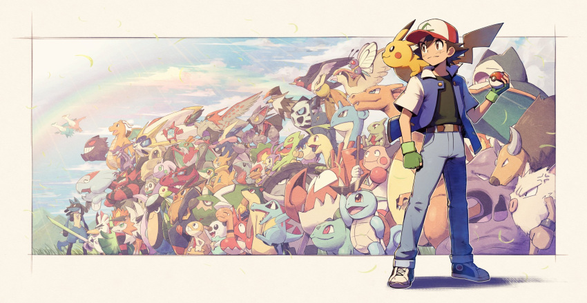 1boy ambipom ash_ketchum baseball_cap bayleef black_eyes black_hair black_shirt blue_jacket boldore buizel bulbasaur butterfree charizard closed_mouth corphish donphan dracovish dragonite fingerless_gloves gengar gible glalie gliscor gloves green_gloves greninja hat hawlucha heracross highres holding holding_poke_ball incineroar infernape jacket kingler krookodile kuroi_susumu lapras larvitar latias latios leavanny lucario lycanroc melmetal mr._mime muk naganadel noctowl noivern on_shoulder open_mouth oshawott outdoors palpitoad pants pidgeot pignite pikachu poke_ball poke_ball_(basic) pokemon pokemon_(creature) pokemon_on_shoulder primeape quilava rainbow rowlet sceptile scraggy shirt shoes sirfetch'd snivy snorlax spiked_hair squirtle staraptor sunglasses swellow talonflame tauros torkoal torterra totodile unfezant