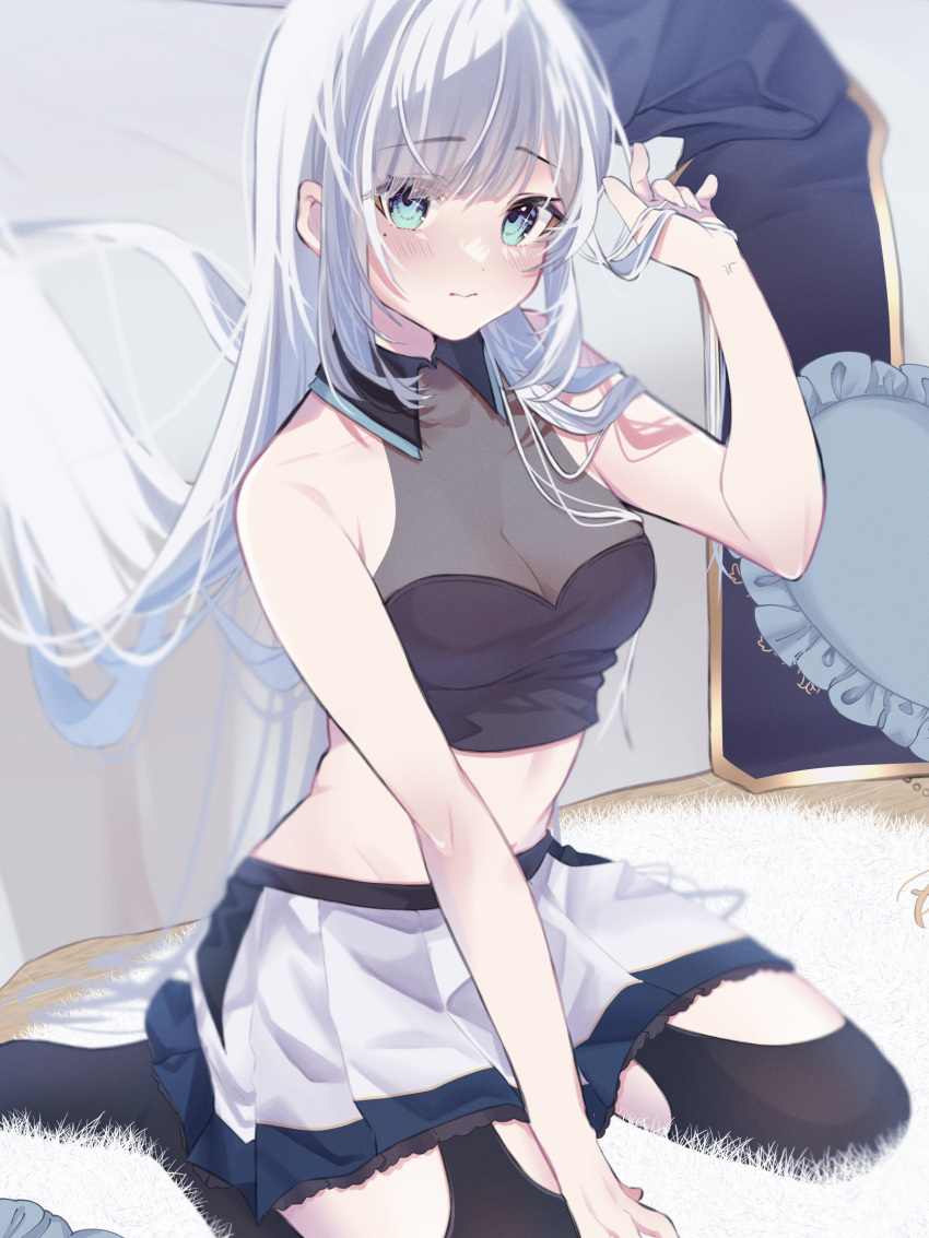 1girl absurdres aqua_eyes bed blunt_bangs blush breasts carpet cleavage collarbone collared_crop_top frilled_pillow frills full_body hand_in_own_hair heart heart_pillow highres kaga_sumire kneeling long_hair looking_at_viewer lupinus_virtual_games medium_breasts midriff mole mole_under_eye pillow pleated_skirt roni_dayo sidelocks skirt solo thighhighs very_long_hair virtual_youtuber vspo! white_hair white_skirt