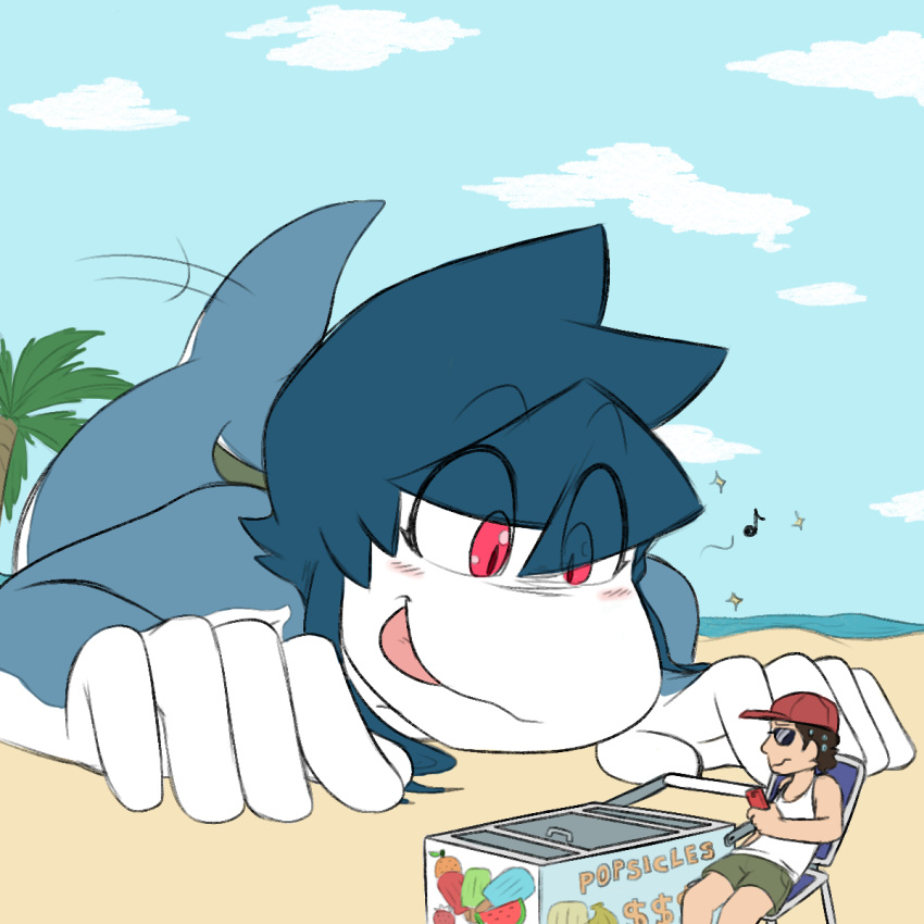 1:1 2022 anthro beach blep blue_body blue_hair duo extreme_size_difference female fish food_stand gille_bernard gum-k hair hi_res human hungry legless macro male mammal marine palm_tree plant red_eyes seaside serpentine shark size_difference tongue tongue_out tree white_body