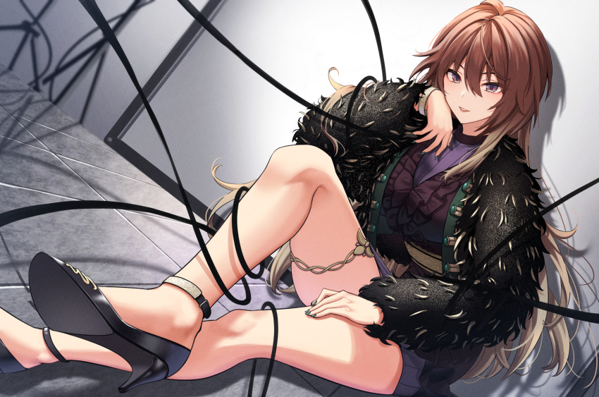 1girl aketa_mikoto black_jacket blonde_hair bow bracelet breasts brown_hair cable dress dress_bow fur_jacket gradient_hair green_nails hand_on_own_face hand_on_own_thigh high_heels highres idolmaster idolmaster_shiny_colors indoors jacket jewelry knee_up large_breasts long_sleeves looking_at_viewer multicolored_hair murousaisei123 open_clothes open_jacket parted_lips purple_dress purple_eyes sitting smile solo stone_floor thighlet tripod