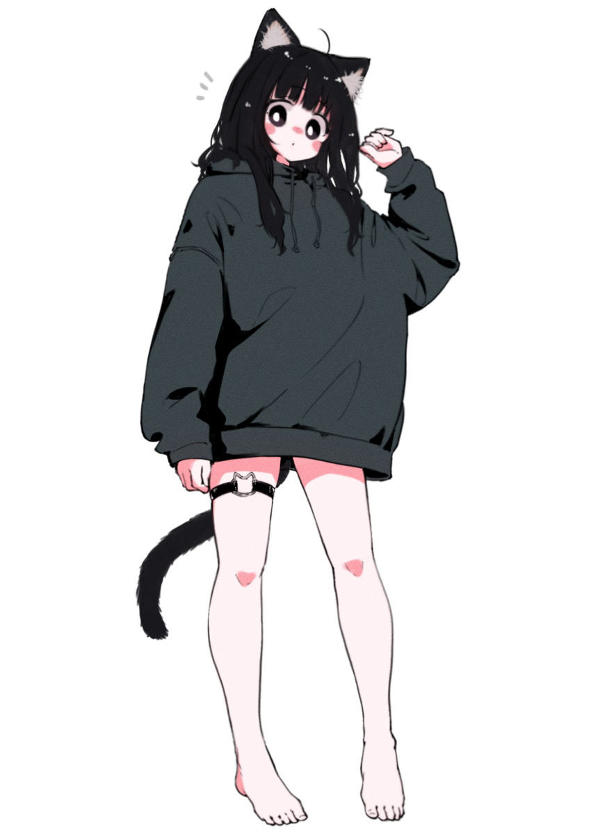 1girl animal_ear_fluff animal_ears arm_up bare_legs barefoot black_eyes black_hair blush blush_stickers cat_ears cat_girl cat_tail cat_thigh_strap dot_mouth full_body grey_hoodie highres hood hoodie legs looking_at_viewer megateru nose_blush notice_lines original solo surprised tail thigh_strap white_background