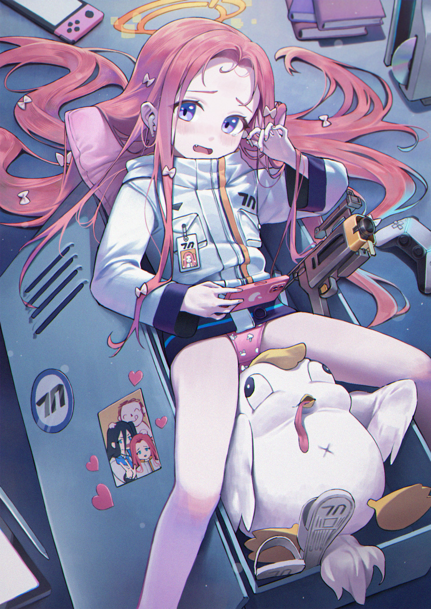 1girl aris_(blue_archive) arona's_sensei_doodle_(blue_archive) blue_archive blush book bow cd cellphone controller earphones fang forehead game_controller gun hair_bow halo highres holding holding_phone jacket long_hair long_sleeves looking_at_viewer merong_(sou47897) nintendo_switch open_mouth orange_halo panties peroro_(blue_archive) phone pink_panties purple_eyes red_hair sensei_(blue_archive) smartphone solo underwear weapon white_bow white_jacket yuzu_(blue_archive)