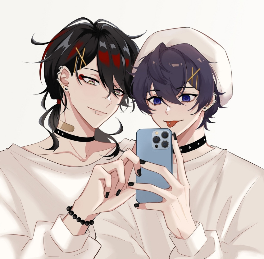 2boys bandaged_neck bandages black_hair blue_eyes cellphone earrings hair_ornament hairclip hat highres holding holding_phone indie_virtual_youtuber jewelry long_sleeves male_focus mmanohei multicolored_hair multiple_boys nijisanji nijisanji_en phone piercing red_hair shirt short_hair shoto_(vtuber) smartphone smile streaked_hair tongue tongue_out tongue_piercing virtual_youtuber vox_akuma white_headwear white_shirt x_hair_ornament