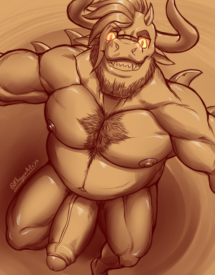 2023 alternate_species anthro barazoku beard belly biceps big_muscles big_pecs biped body_hair bovid bovine cattle chest_hair demon demonic digital_drawing_(artwork) digital_media_(artwork) english_text erection eyewear facial_hair foreskin genitals glans glasses glowing glowing_eyes hair hi_res horn humanoid_genitalia humanoid_penis khayen khayen_(character) male mammal musclegut muscular muscular_anthro muscular_male muscular_thighs nipples nude partially_retracted_foreskin pecs penis pupils signature simple_background slit_pupils smile smirk solo spikes spikes_(anatomy) text thick_penis thick_thighs tight_foreskin triceps vein veiny_penis