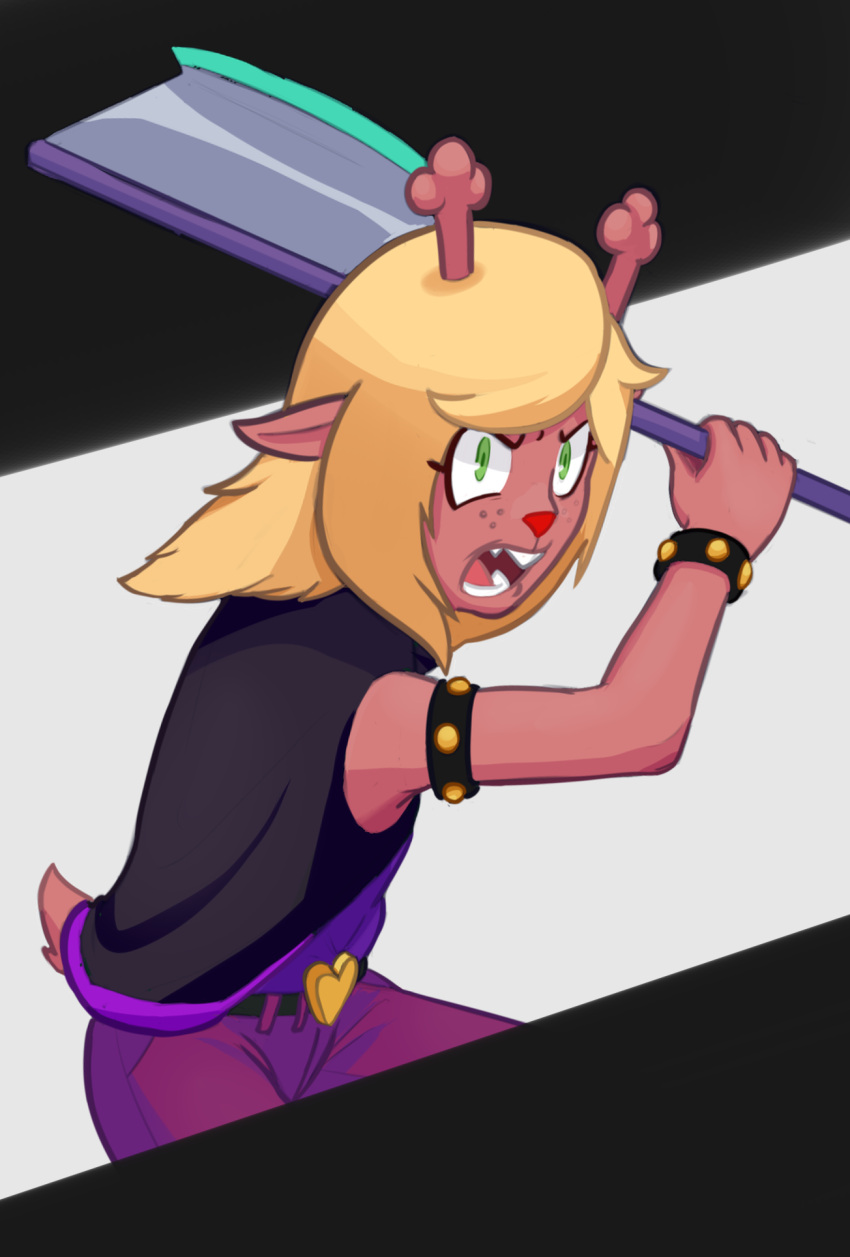 &lt;3 angry anthro armwear axe belt buckteeth clothing cosplay deer deltarune doe_with_antlers female hi_res hitsuji jacket mammal noelle_holiday red_nose solo susie_(deltarune) teeth topwear undertale_(series)