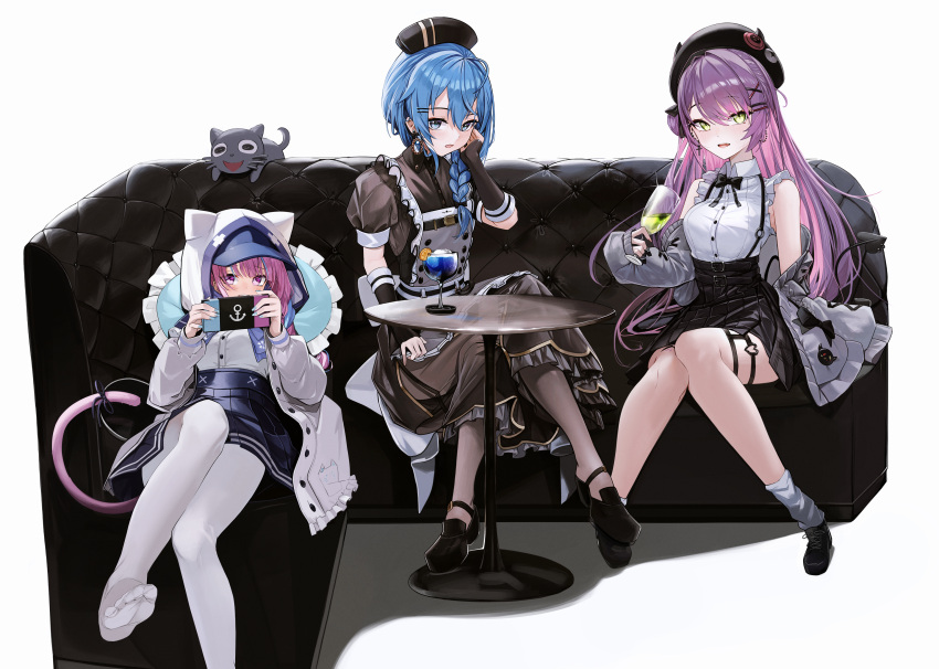 3girls absurdres animal_ears animal_hood anizi apron baseball_cap beret black_bow black_bowtie black_dress black_gloves black_headwear black_pantyhose black_ribbon black_skirt blue_bow blue_bowtie blue_eyes blue_hair blue_headwear blue_nails blue_skirt bow bowtie braid breasts buttons cardigan cat_ears cat_girl cat_hood cat_tail chest_belt cocktail cocktail_glass coffee_table collared_dress collared_shirt colored_inner_hair couch cup demon_girl demon_tail double-breasted double-parted_bangs dress drinking_glass ear_chain ear_piercing elbow_gloves embarrassed fake_animal_ears fake_horns fang fingerless_gloves frilled_shirt frills gloves gradient_hair green_eyes grey_apron grey_cardigan hair_between_eyes hair_bun hair_ornament hair_over_shoulder hair_ribbon hair_tucking hairclip handheld_game_console hat hat_under_hood heart_o-ring high-waist_skirt highres holding holding_cup holding_handheld_game_console hololive hood hooded_jacket horned_headwear horns hoshimachi_suisei hoshimachi_suisei_(6th_costume) jacket jirai_kei long_hair long_sleeves looking_at_viewer loose_socks lying maid medium_breasts minato_aqua minato_aqua_(5th_costume) miniskirt multicolored_hair multiple_girls multiple_piercings nail_polish neko_(minato_aqua) nintendo_switch no_shoes nurse_cap o-ring o-ring_thigh_strap official_alternate_costume official_alternate_hairstyle on_back on_couch open_cardigan open_clothes open_jacket open_mouth pantyhose piercing pink_hair pleated_skirt puffy_short_sleeves puffy_sleeves purple_eyes purple_hair ribbon see-through see-through_sleeves shirt short_sleeves side_braid side_slit single_braid single_side_bun sitting skirt sleeveless sleeveless_shirt smile socks star_(symbol) star_in_eye startend_(hololive) strappy_heels streaked_hair suspender_skirt suspenders swept_bangs symbol_in_eye table tail tail_ornament tail_piercing tail_ribbon thigh_strap tokoyami_towa tokoyami_towa_(3rd_costume) twin_braids twintails two-tone_hair underbust virtual_youtuber white_jacket white_pantyhose white_shirt white_socks wine_glass