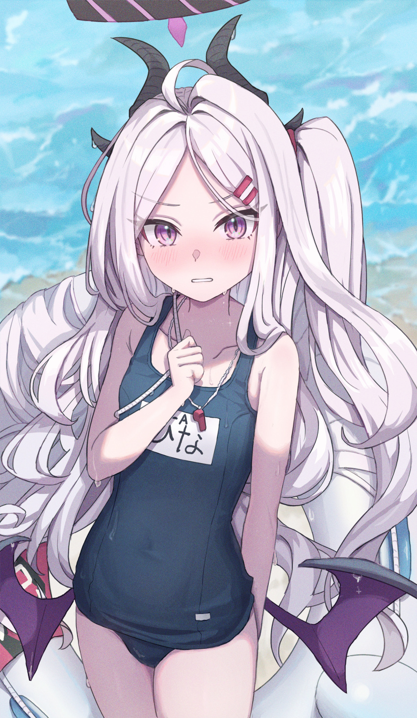 1girl absurdres ahoge arm_behind_back beach blue_archive blurry blush collarbone commentary_request demon_girl demon_horns demon_wings depth_of_field forehead hair_ornament hairclip halo highres hina_(blue_archive) hina_(swimsuit)_(blue_archive) horns icetea774 lifebuoy long_hair looking_at_viewer name_tag ocean official_alternate_costume old_school_swimsuit one_side_up parted_bangs parted_lips purple_eyes school_swimsuit sidelocks sleeveless solo swimsuit wet wet_clothes wet_swimsuit whistle whistle_around_neck white_hair wings
