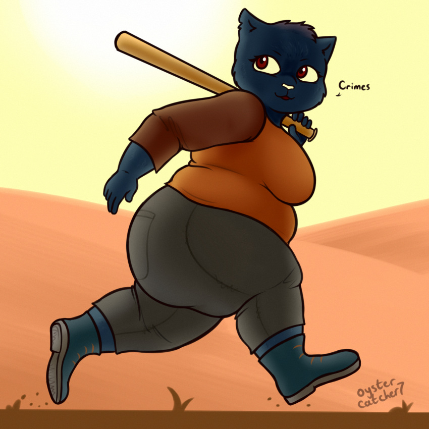 anthro baseball_bat bat_(object) big_butt breasts butt domestic_cat felid feline felis female hi_res looking_at_viewer mae_borowski mammal night_in_the_woods oystercatcher7 running slightly_chubby solo sunset thick_thighs