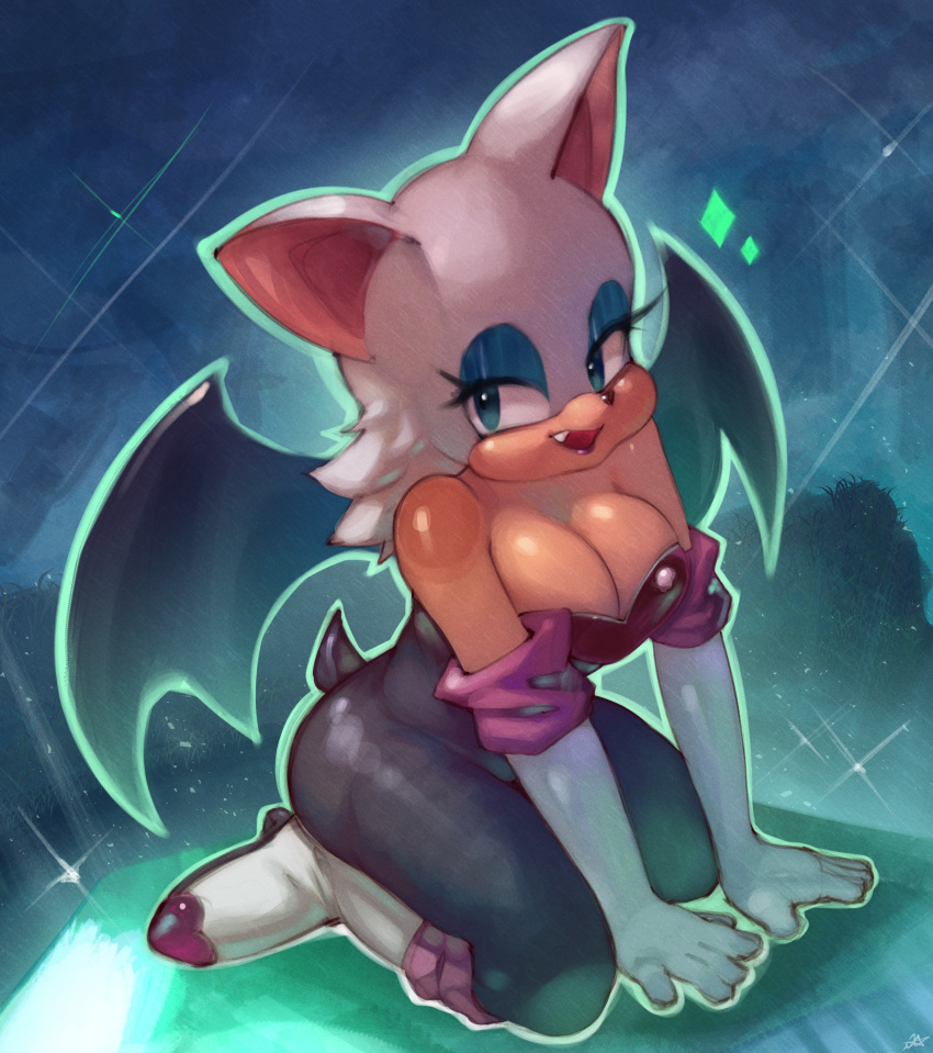 absurd_res anthro armwear bat bodysuit breasts cleavage clothed clothing elbow_gloves female gloves handwear hi_res kneeling looking_at_viewer mammal onimiere open_mouth open_smile rouge_the_bat sega skinsuit smile snaggle_tooth solo sonic_the_hedgehog_(series) tight_clothing