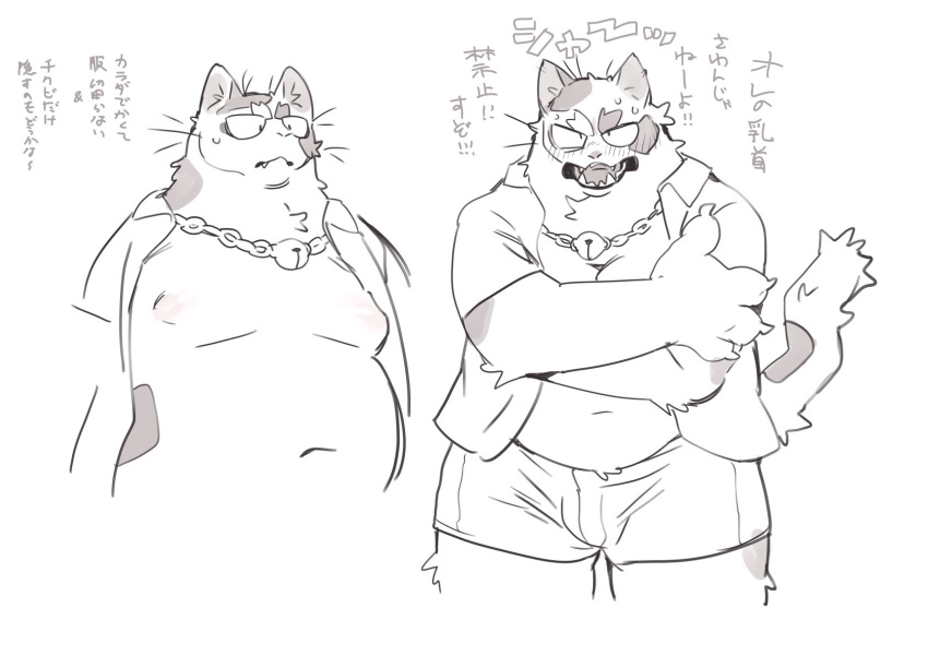 anthro bebebebebe blush clothing domestic_cat felid feline felis hi_res japanese_text male mammal nipples simple_background slightly_chubby smile solo tagme text translation_request