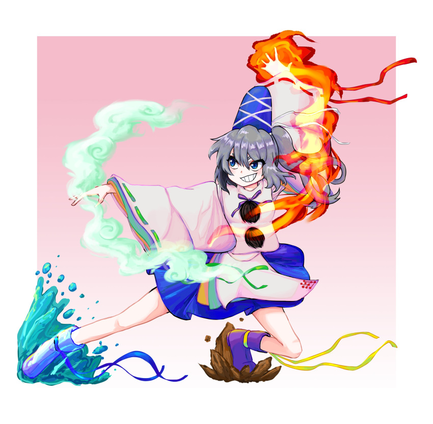 1girl absurdres aerokinesis blue_eyes blue_headwear blue_skirt fire full_body geokinesis gradient_background grey_hair grin highres hydrokinesis japanese_clothes jazonyan kariginu long_hair mononobe_no_futo pink_background planet pom_pom_(clothes) ponytail purple_footwear pyrokinesis ribbon-trimmed_sleeves ribbon_trim rock skirt smile solo touhou water wide_sleeves wind