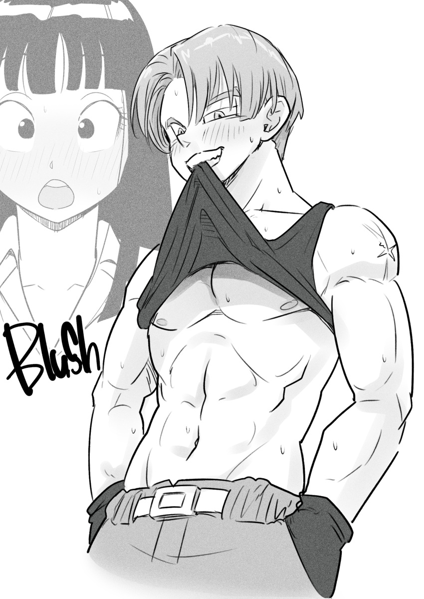 1boy 1girl abs absurdres blush clothes_lift commentary cross_scar dragon_ball dragon_ball_super gloves greyscale grin half-closed_eye hands_in_pockets highres hime_cut mai_(dragon_ball) monochrome muscular muscular_male navel open_mouth pink_mousse scar scar_on_shoulders shirt_lift smile sweat tank_top trunks_(dragon_ball)