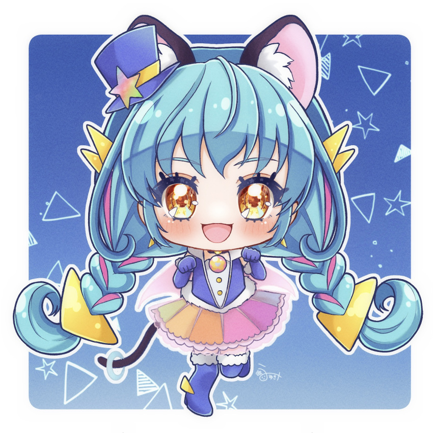 1girl :d animal_ears blue_footwear blue_gloves blue_hair blush boots braid cat_ears cat_tail chibi cure_cosmo dress full_body fur-trimmed_boots fur_trim gloves hat highres long_hair looking_at_viewer magical_girl mini_hat mini_top_hat multicolored_hair open_mouth paw_pose pink_hair precure rainbow_skirt smile solo star_twinkle_precure streaked_hair tail tail_ornament tail_ring thigh_boots top_hat triangle_hair_ornament twin_braids umiyuki_(umi_chu) very_long_hair yellow_eyes yuni_(precure)