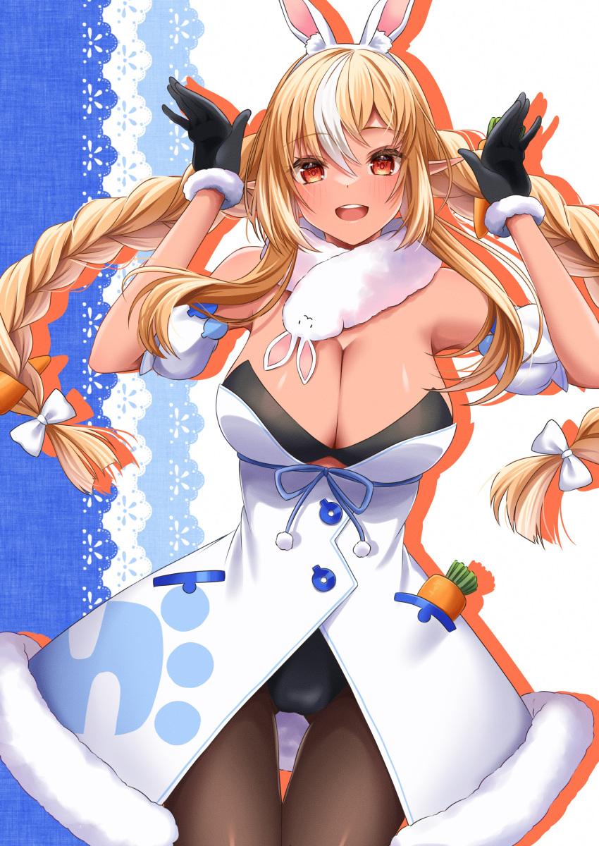 1girl absurdres animal_ears black_gloves blonde_hair bow braid breasts carrot cleavage cosplay dark-skinned_female dark_skin don-chan_(usada_pekora) fake_animal_ears gloves highres hololive large_breasts leotard leotard_under_clothes long_hair looking_at_viewer open_mouth orange_eyes pantyhose pointy_ears rabbit_ears rabbit_pose shiranui_flare smile solo twin_braids usada_pekora usada_pekora_(1st_costume) usada_pekora_(cosplay) virtual_youtuber white_bow yudame