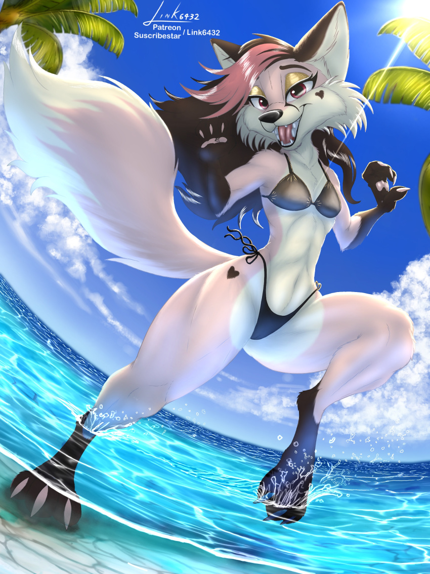 3_toes 4_fingers absurd_res anthro beach bikini canid canine cheek_tuft clothed clothing day detailed_background digital_media_(artwork) facial_tuft fan_character feet female fingers fox fur fuzzyvixen hi_res link6432 looking_at_viewer low-angle_view mammal oc_commission outside palm_tree partially_submerged pink_body pink_fur plant running seaside sky smile solo swimwear thick_thighs toes tree tuft water
